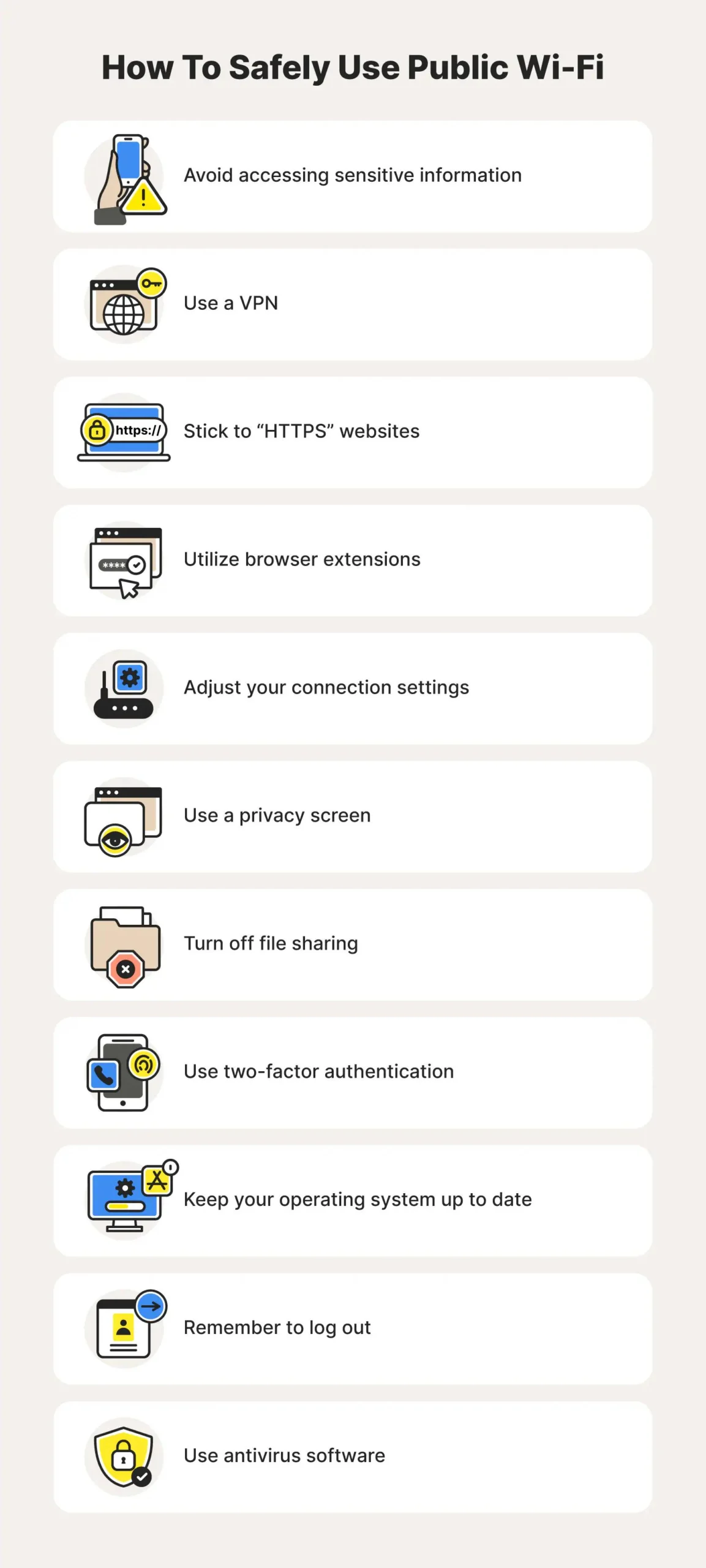 how to protect your privacy and security public wi-fi networks - What should you avoid when using a public WiFi network